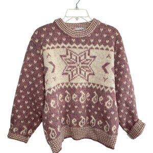 VTG Tundra Womens Ski Sweater 100% Virgin Wool Large Oversized Pink Cream Nordic